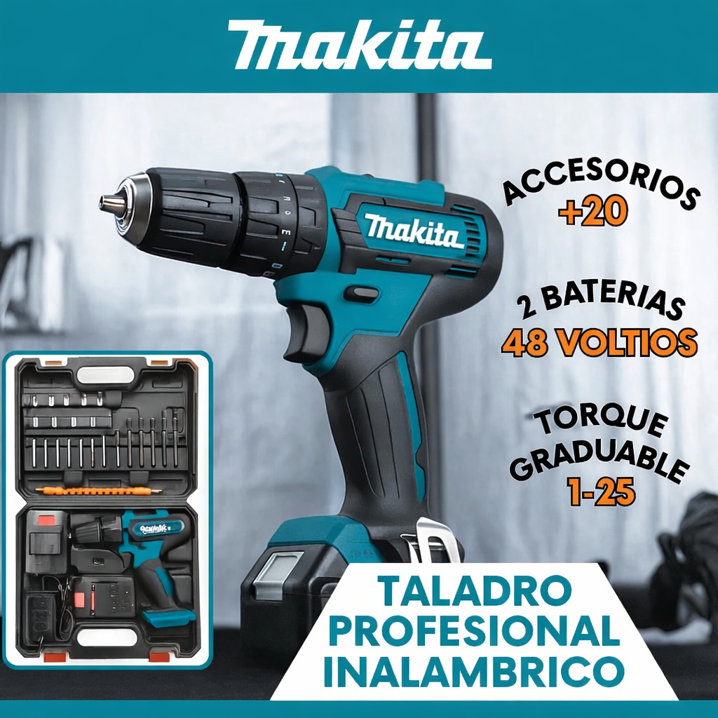 Taladro Profesional 3 en 1  48V (Taladro, atornillador y percutor)